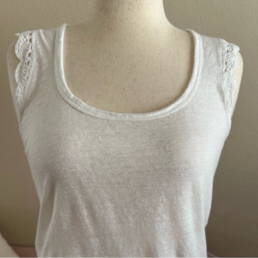 PAIGE Denim Chrissy white linen XS tank top. Burnout jersey, crochet cap sleeve